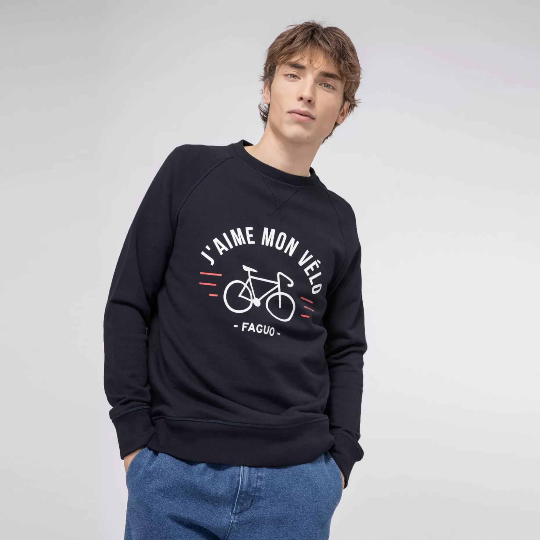 FAGUO Sweatshirts*Sweat Col Rond Bleu Marine J'Aime Mon Velo